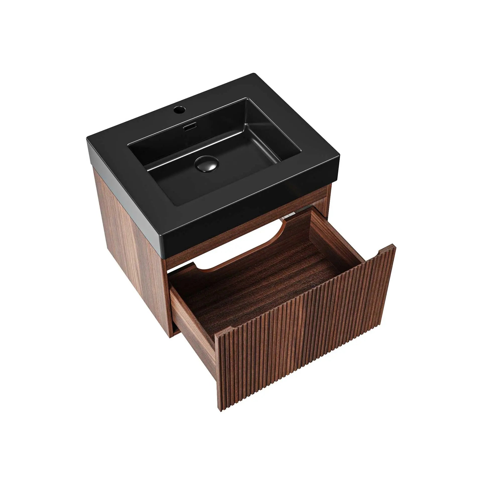 SaniSupreme® HighLine Elite Complete Set Vrijstaande Wastafel Onderkast Badmeubel 60x45x40 cm-Horizontaal Reliëf Donker Eik