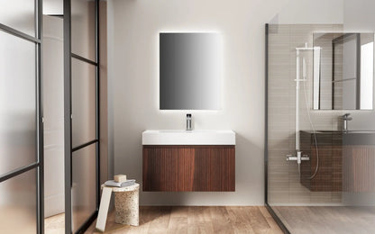 SaniSupreme® HighLine Elite Komplete Set Witte Wastafel met Onderkast Badmeubel 80x45x40 cm Horizontaal Reliëf Donker Eik