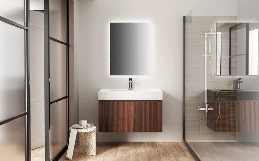 SaniSupreme® HighLine Elite Komplete Set Witte Wastafel met Onderkast Badmeubel 80x45x40 cm Horizontaal Reliëf Donker Eik