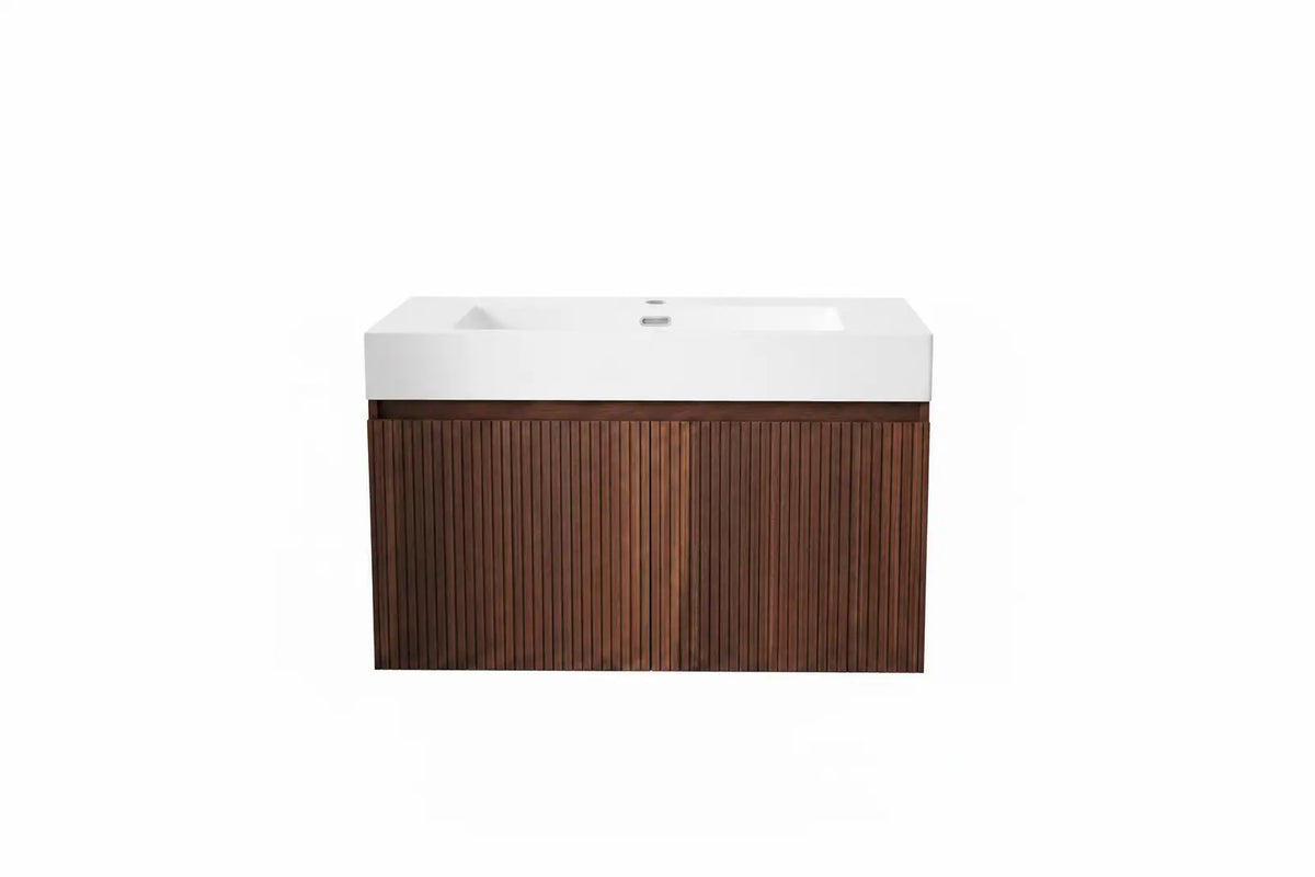 SaniSupreme® HighLine Elite Komplete Set Witte Wastafel met Onderkast Badmeubel 80x45x40 cm Horizontaal Reliëf Donker Eik Sanisupreme