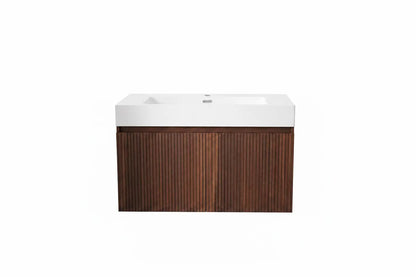 SaniSupreme® HighLine Elite Komplete Set Witte Wastafel met Onderkast Badmeubel 80x45x40 cm Horizontaal Reliëf Donker Eik Sanisupreme