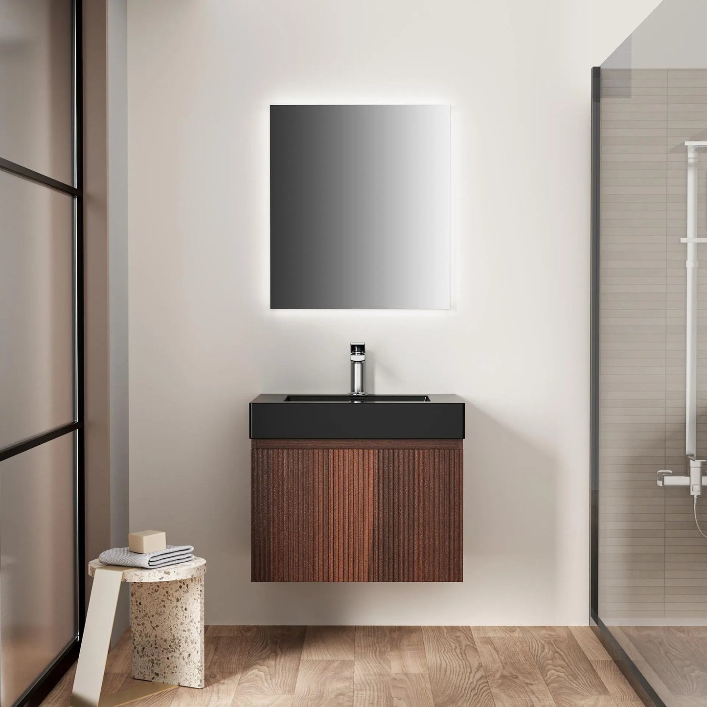 SaniSupreme® HighLine Elite Vrijstaande Wastafel Onderkast Badmeubel 60x45x40 cm met Horizontaal Reliëf Donker Eik