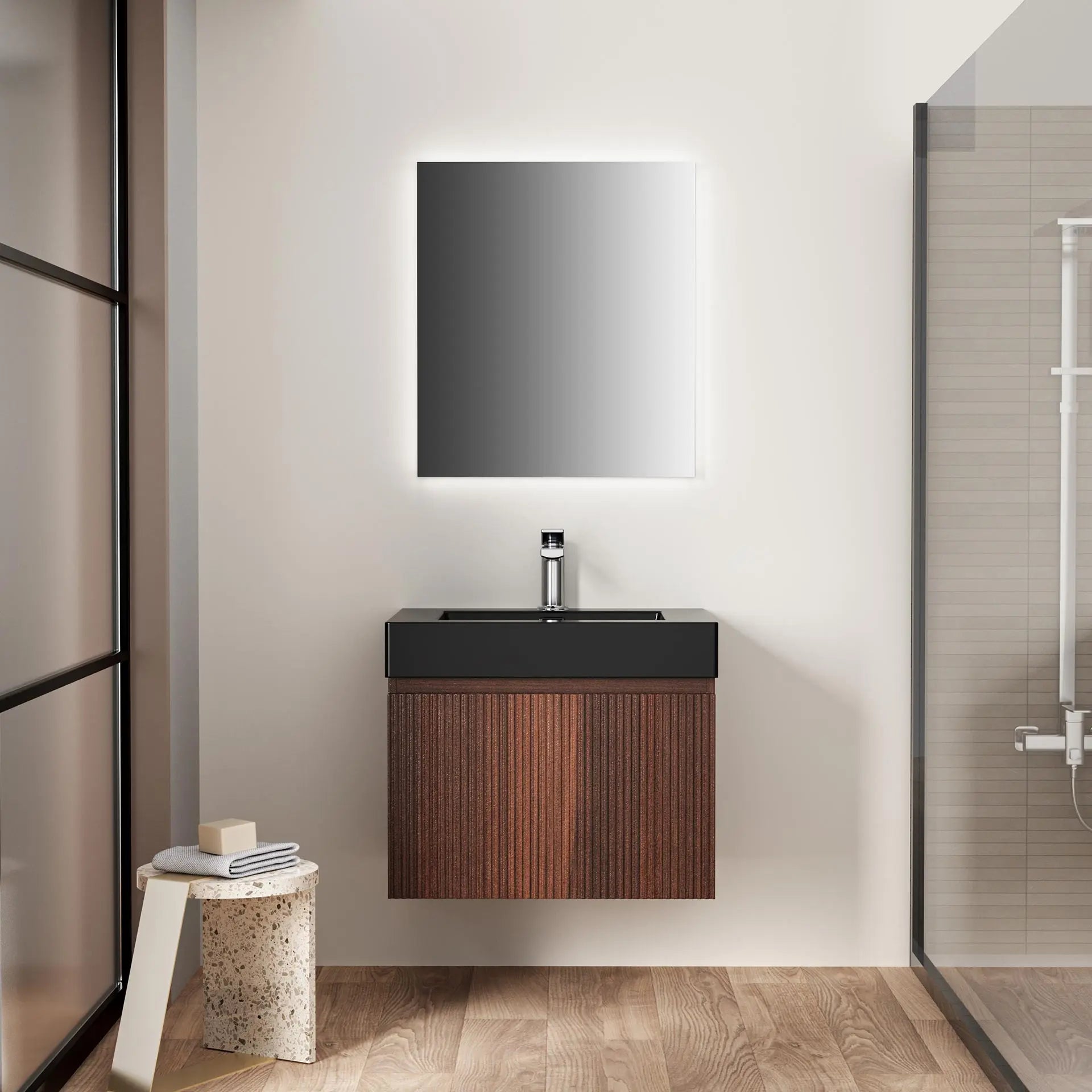 SaniSupreme® HighLine Elite Vrijstaande Wastafel Onderkast Badmeubel 60x45x40 cm met Horizontaal Reliëf Donker Eik