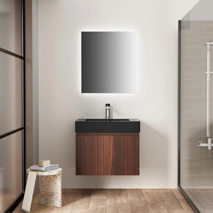 SaniSupreme® HighLine Elite Vrijstaande Wastafel Onderkast Badmeubel 60x45x40 cm met Horizontaal Reliëf Donker Eik