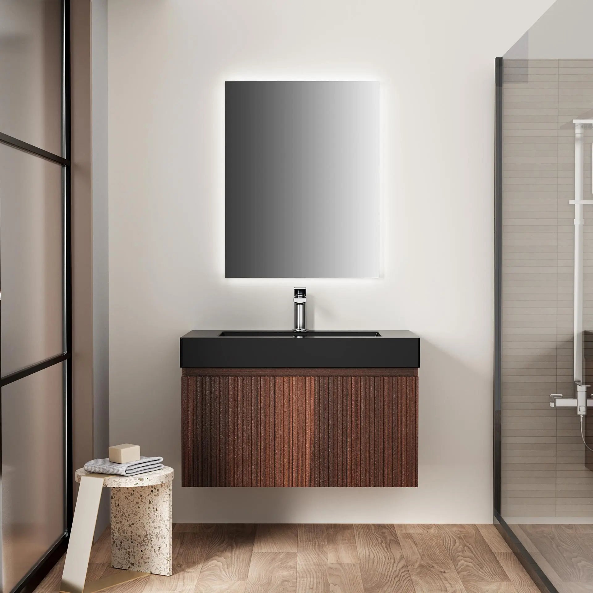 SaniSupreme® HighLine Elite Vrijstaande Wastafel Onderkast Badmeubel 80x45x40 cm met Horizontaal Reliëf Donker Eik