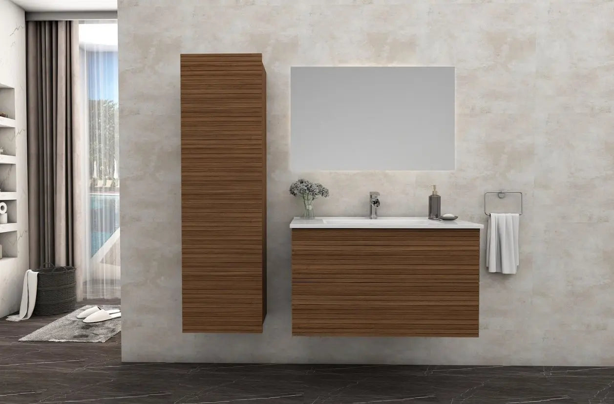 SaniSupreme® HighLine Elite Wastafel Onderkast Badmeubel 60x45x50 cm met Horizontaal Reliëf Walnoot