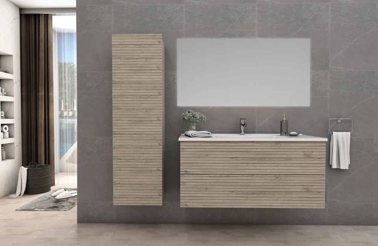 SaniSupreme® HighLine Elite Wastafel Onderkast Badmeubel 80x45x50 cm met Horizontaal Reliëf Licht Hout