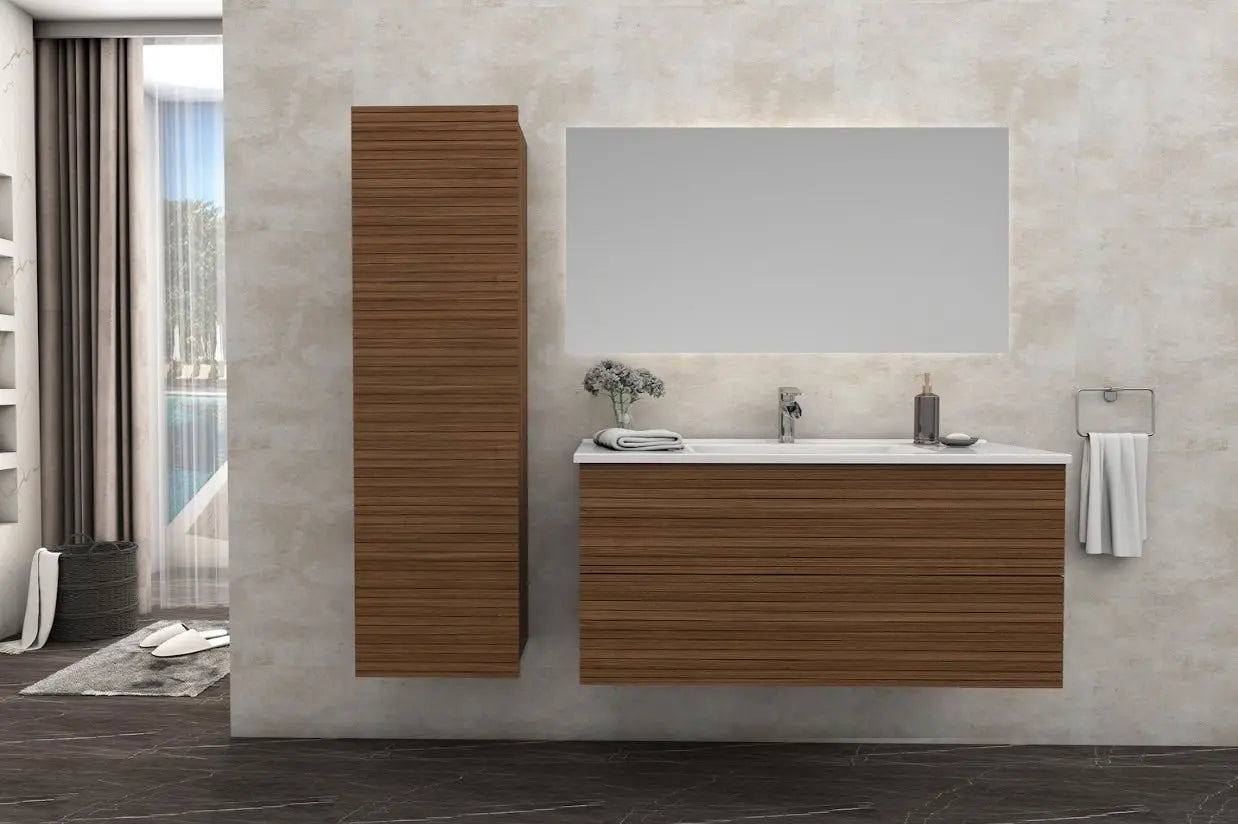 SaniSupreme® HighLine Elite Wastafel Onderkast Badmeubel 80x45x50 cm met Horizontaal Reliëf Walnoot