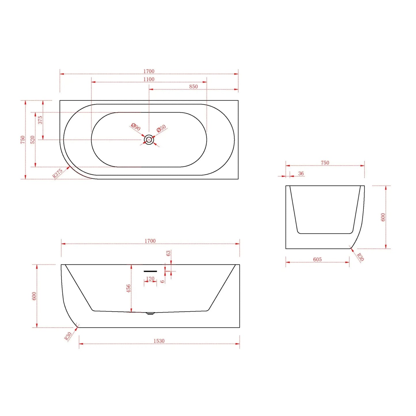 SaniSupreme hoekbad rechts AquaTherme Plus met push - up acryl mat wit 170x75