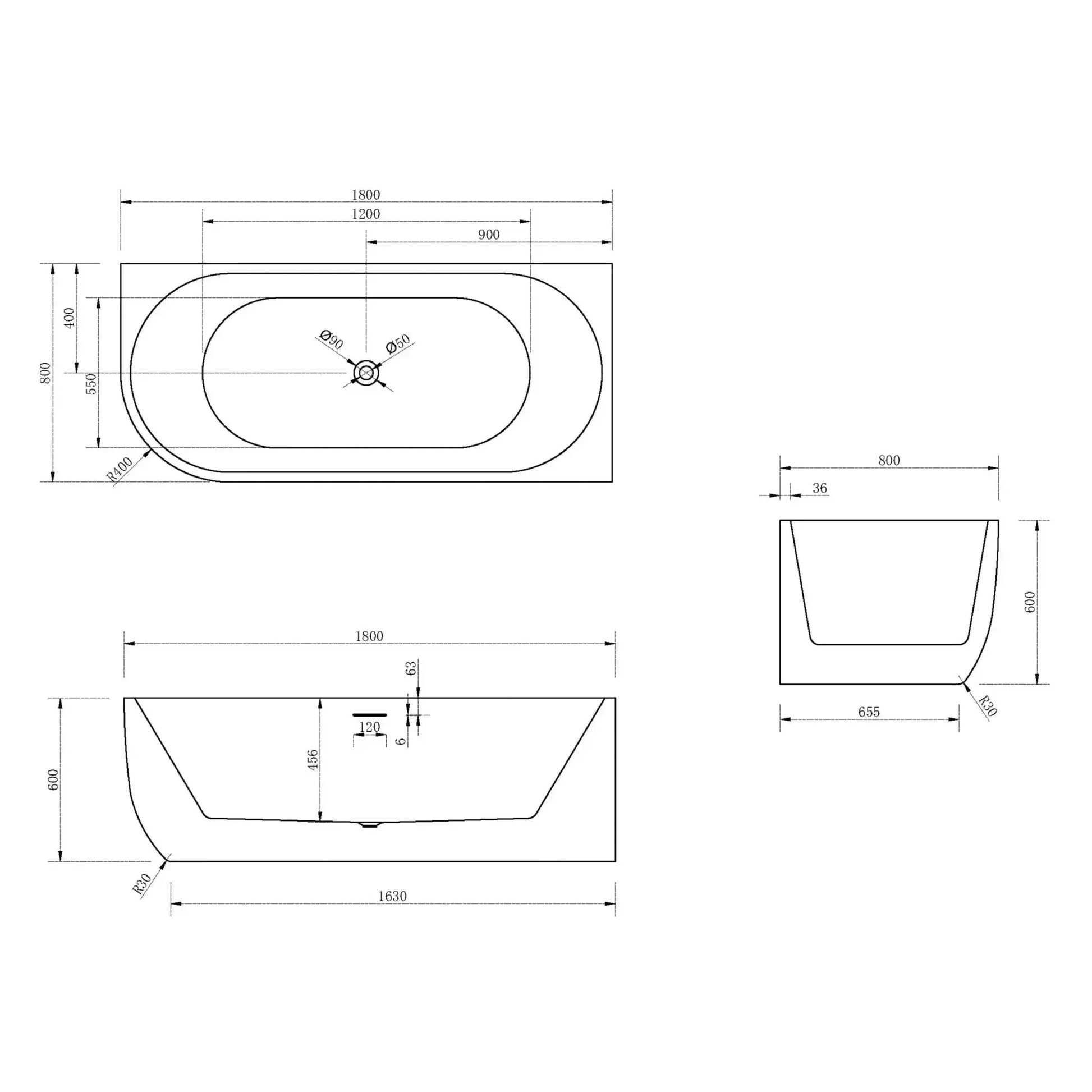 SaniSupreme hoekbad rechts AquaTherme Plus met push - up acryl mat wit 180x80