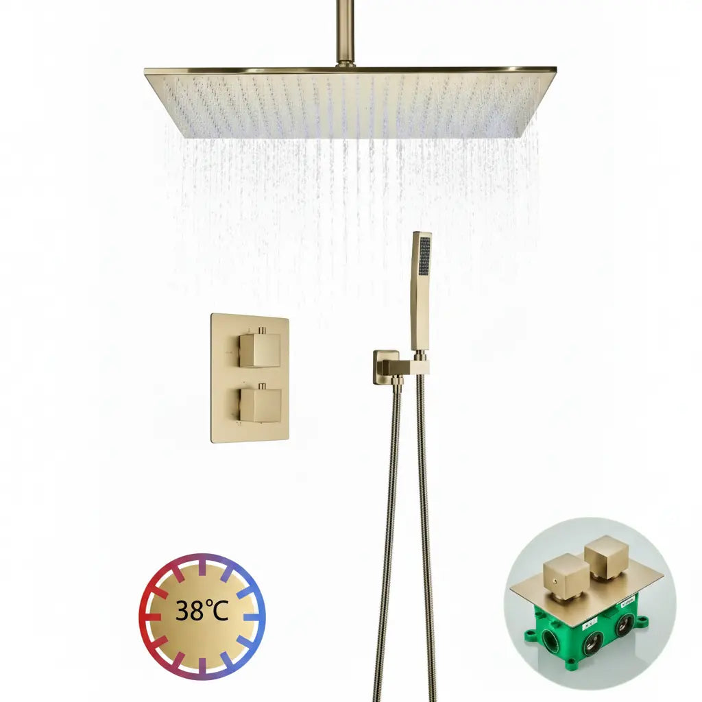 SaniSupreme Doucheset Manhattan Premium Plafond 40x80 cm regendouche vierkant 2-weg goud geborsteld Sanisupreme