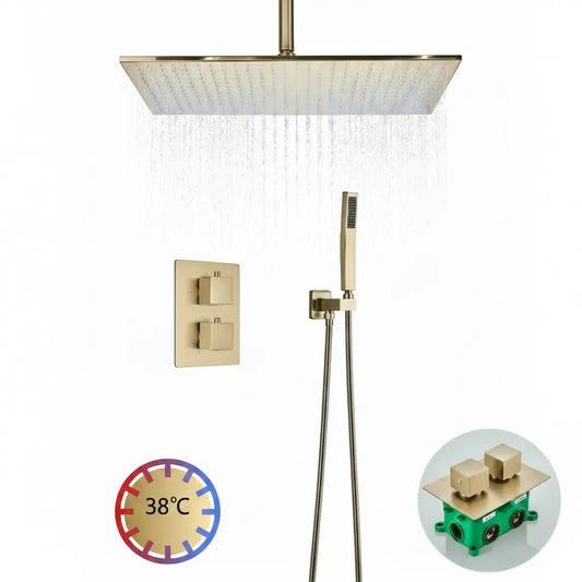 SaniSupreme Doucheset Manhattan Premium Plafond 40x80 cm regendouche vierkant 2-weg goud geborsteld Sanisupreme