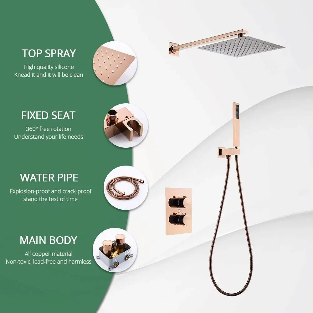 SaniSupreme Inbouw Regendouche 25 cm Set Marbella met Handdouche en Wanduitloop Geborsteld Koper