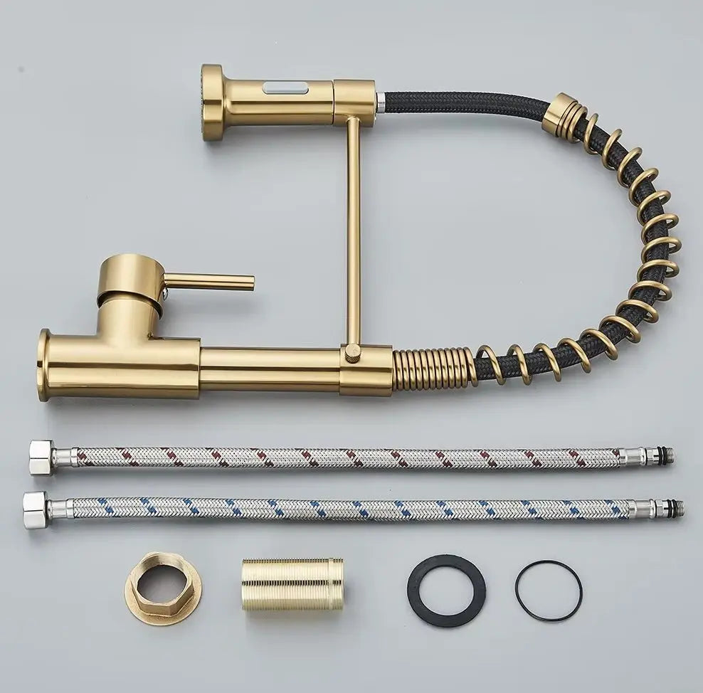 SaniSupreme Keukenkraan Pull - down Bologna gebogen met veer Goud Geborsteld