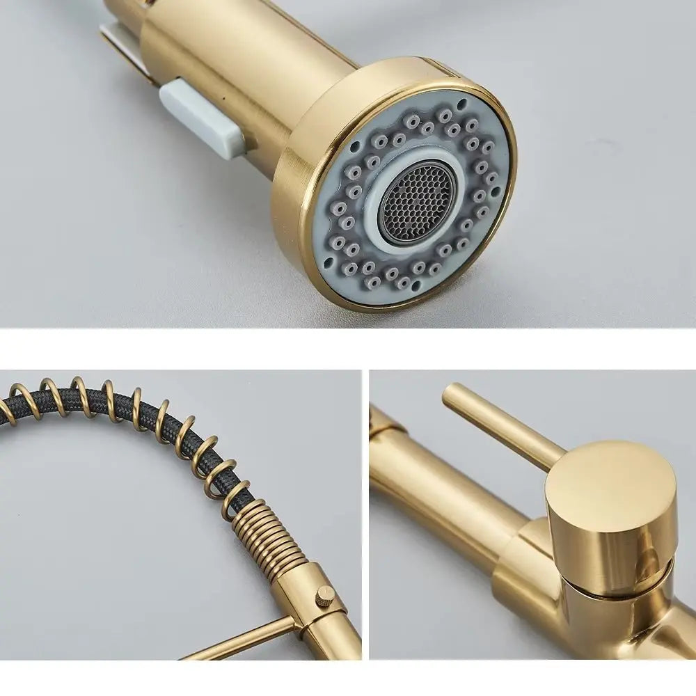 SaniSupreme Keukenkraan Pull - down Bologna gebogen met veer Goud Geborsteld