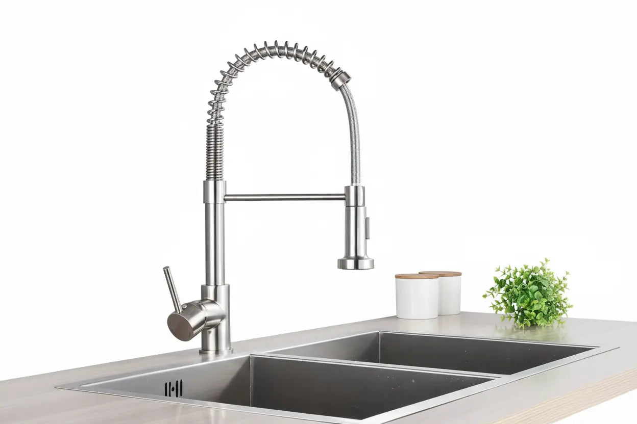 SaniSupreme Keukenkraan Pull-down Bologna gebogen met veer Nikkel Brush (RVS) Sanisupreme