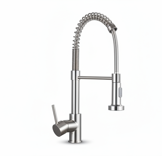 SaniSupreme Keukenkraan Pull-down Bologna gebogen met veer Nikkel Brush (RVS) Sanisupreme