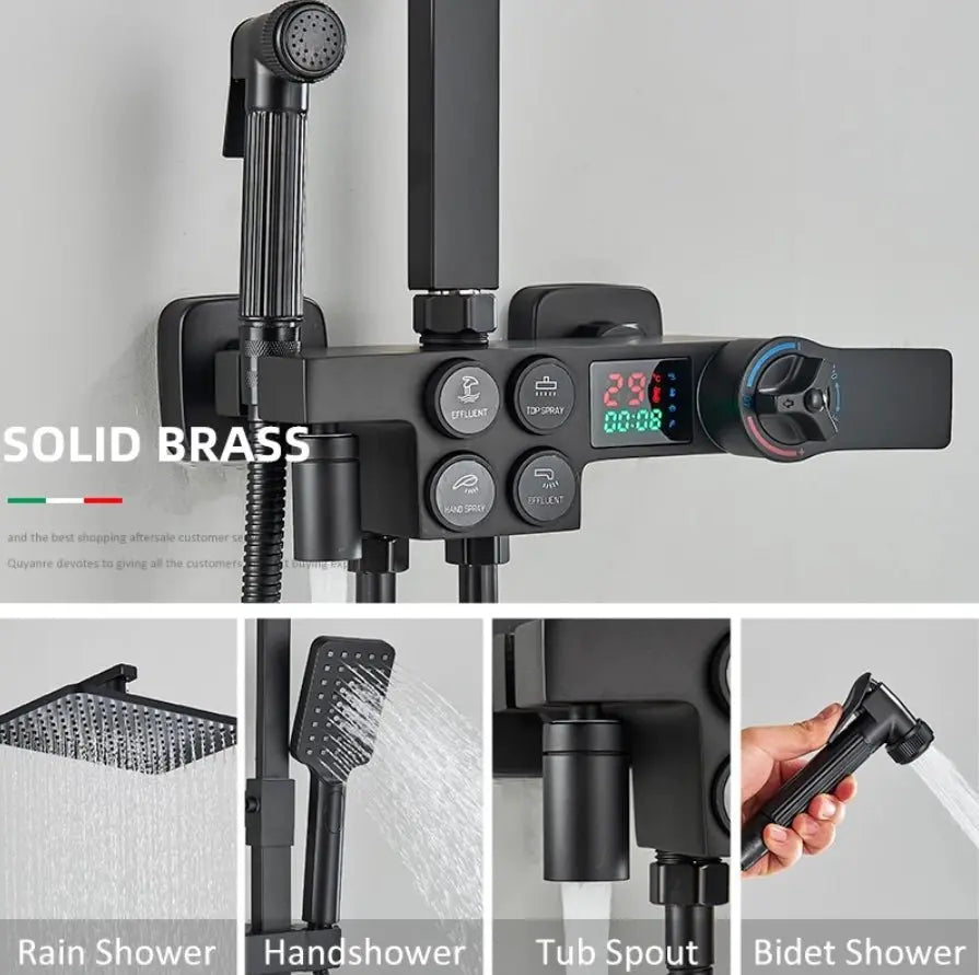 SaniSupreme Missouri LCD Thermostatisch opbouw doucheset 19 x 29 cm. regendouche mat zwart vierkant