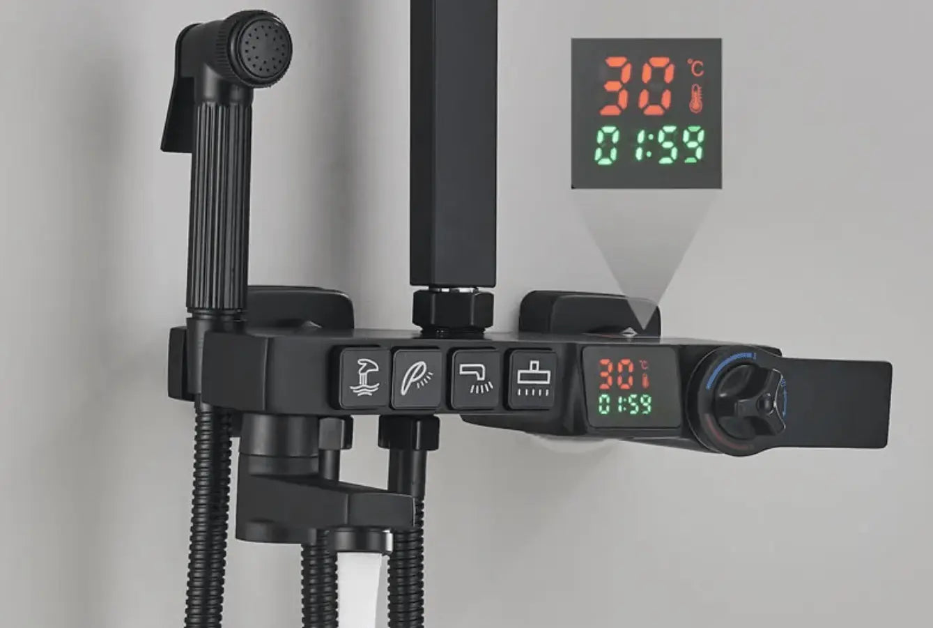 SaniSupreme Missouri LCD Thermostatisch opbouw doucheset 19 x 29 cm. regendouche mat zwart vierkant