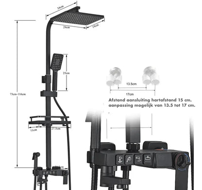 SaniSupreme Missouri LCD Thermostatisch opbouw doucheset 19 x 29 cm. regendouche mat zwart vierkant