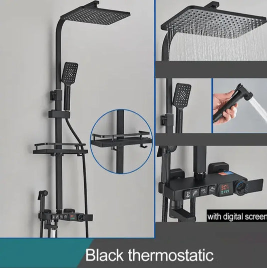 SaniSupreme Missouri LCD Thermostatisch opbouw doucheset 19 x 29 cm. regendouche mat zwart vierkant