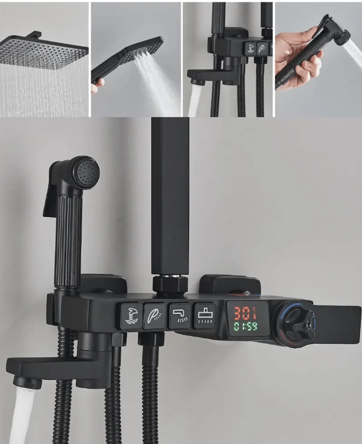 SaniSupreme Missouri LCD Thermostatisch opbouw doucheset 19 x 29 cm. regendouche mat zwart vierkant