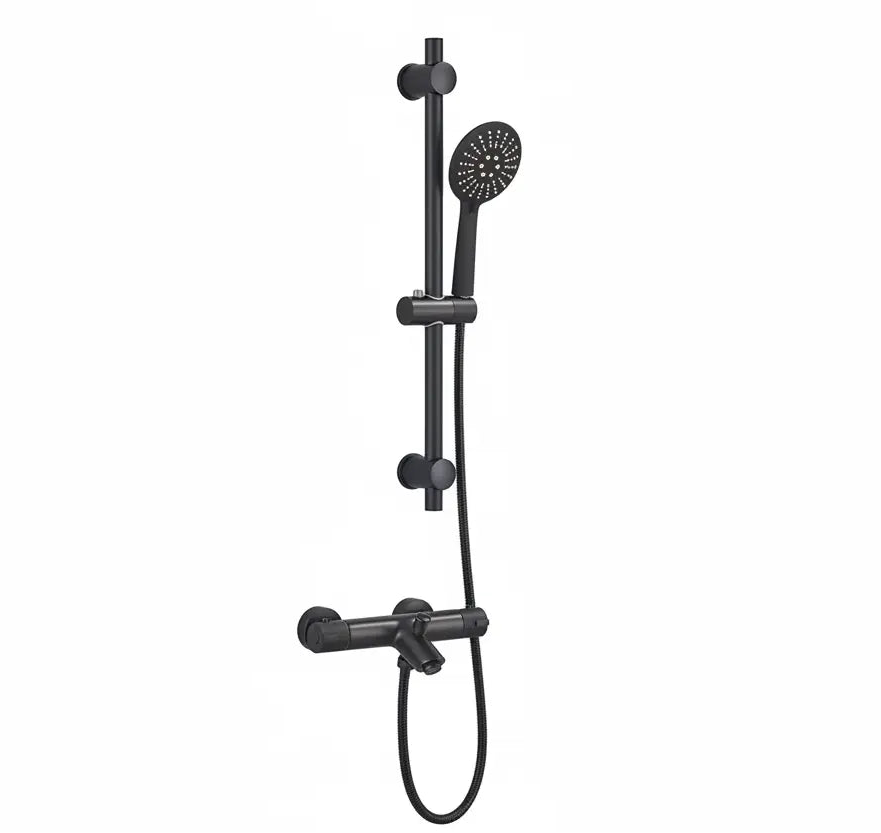 SaniSupreme Peru doucheset opbouw badmengkraan 2 weg smal met ronde handdouche en wandstang mat zwart Sanisupreme