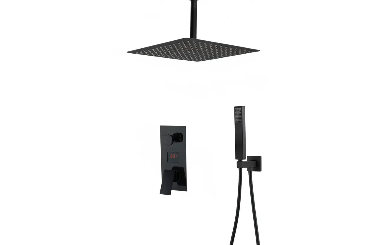 SaniSupreme Plafond Doucheset Manhattan Premium de Luxe LCD 30 cm regendouche vierkant 2-weg zwart inbouw Sanisupreme