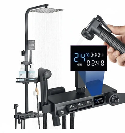 SaniSupreme Porto LCD Thermostatisch opbouw doucheset 30x30 cm. regendouche mat zwart vierkant Sanisupreme