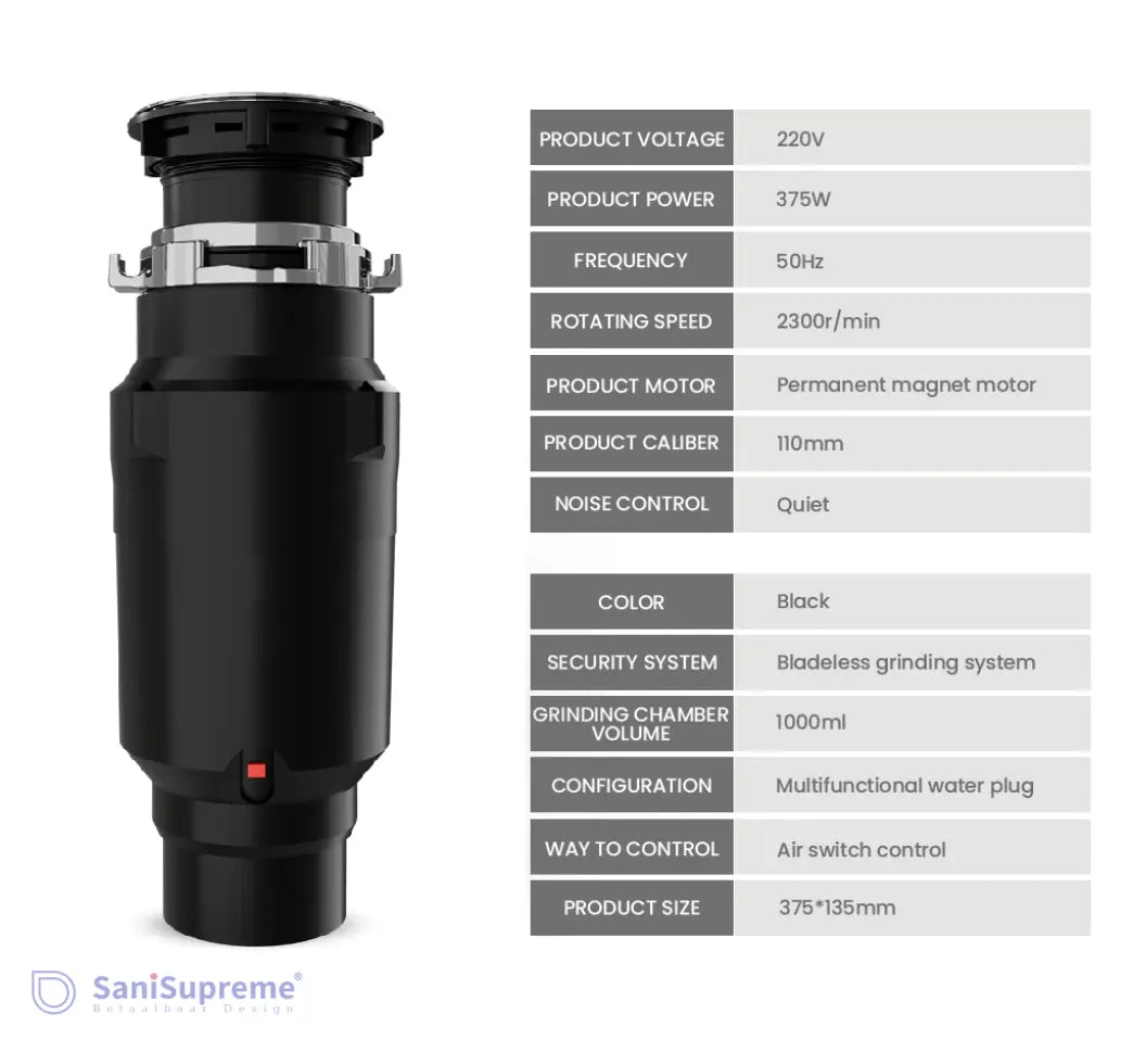 SaniSupreme® Premium Elektrische Gootsteenvermaler Voedselvermaler Keuken Gootsteen Zwart
