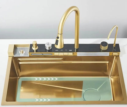 SaniSupreme® Premium HighLine All- in -One Gootsteen met Digitale Display  Snijplank, Afdruiprek & Cupwasher Goud geborsteld