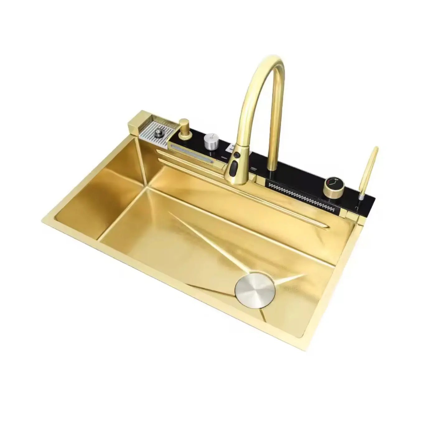 SaniSupreme® Premium HighLine All-in-One Gootsteen met Digitale Display - Inclusief Afdruiprek, Snijplank & Cupwasher Goud geborsteld SaniSupreme