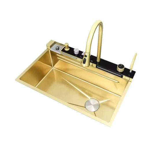 SaniSupreme® Premium HighLine All-in-One Gootsteen met Digitale Display - Inclusief Afdruiprek, Snijplank & Cupwasher Goud geborsteld SaniSupreme