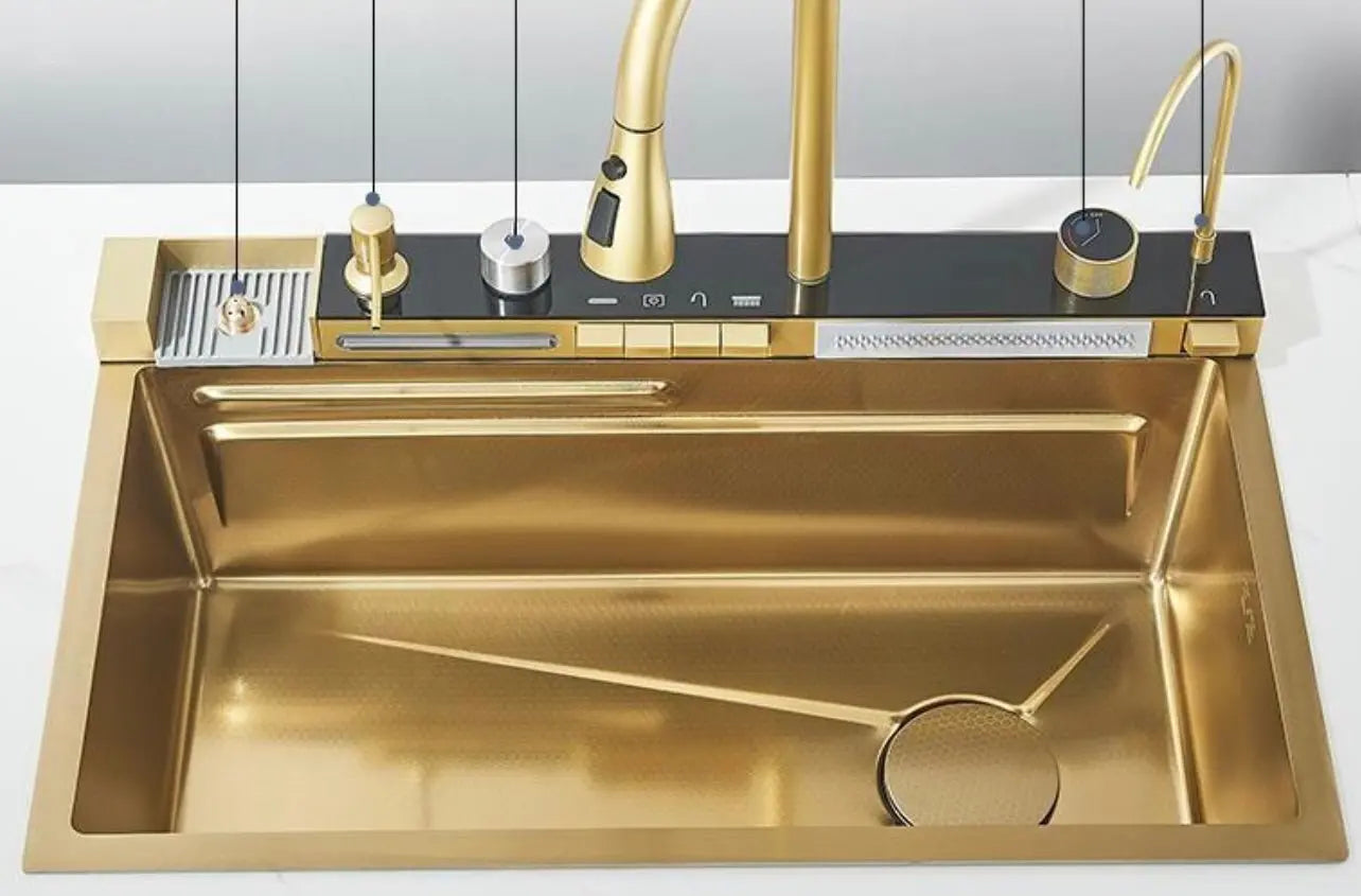 SaniSupreme® Premium HighLine All- in -One Gootsteen met Digitale Display  Snijplank, Afdruiprek & Cupwasher Goud geborsteld