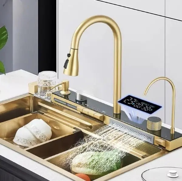 SaniSupreme® Premium HighLine All- in -One Gootsteen met Digitale Display  Snijplank, Afdruiprek & Cupwasher Goud geborsteld