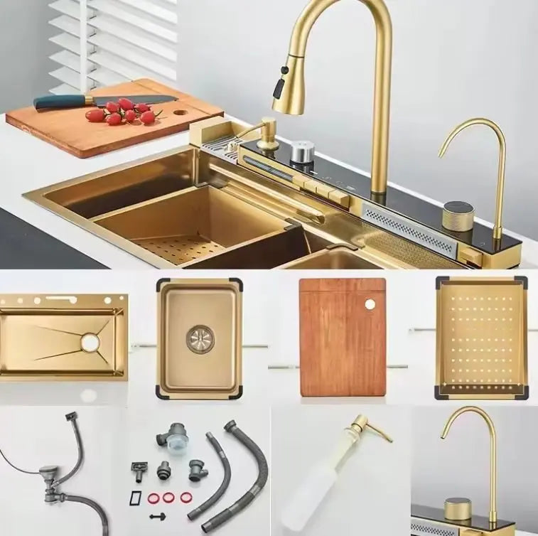 SaniSupreme® Premium HighLine All- in -One Gootsteen met Digitale Display  Snijplank, Afdruiprek & Cupwasher Goud geborsteld