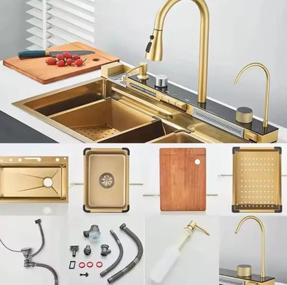 SaniSupreme® Premium HighLine All- in -One Gootsteen met Digitale Display  Snijplank, Afdruiprek & Cupwasher Goud geborsteld