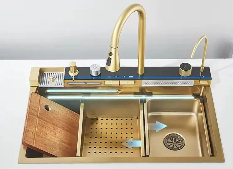 SaniSupreme® Premium HighLine All- in -One Gootsteen met Digitale Display  Snijplank, Afdruiprek & Cupwasher Goud geborsteld