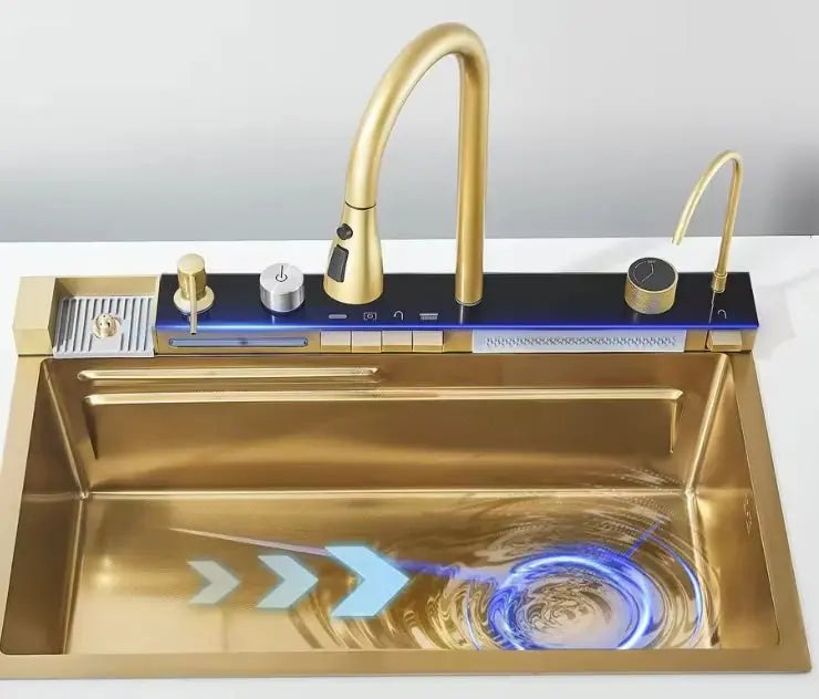 SaniSupreme® Premium HighLine All- in -One Gootsteen met Digitale Display  Snijplank, Afdruiprek & Cupwasher Goud geborsteld