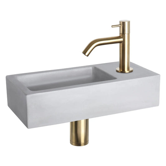 Sanisupreme Ravo Fonteinset – Lichtgrijs Beton met Gebogen Mat Gouden Kraan