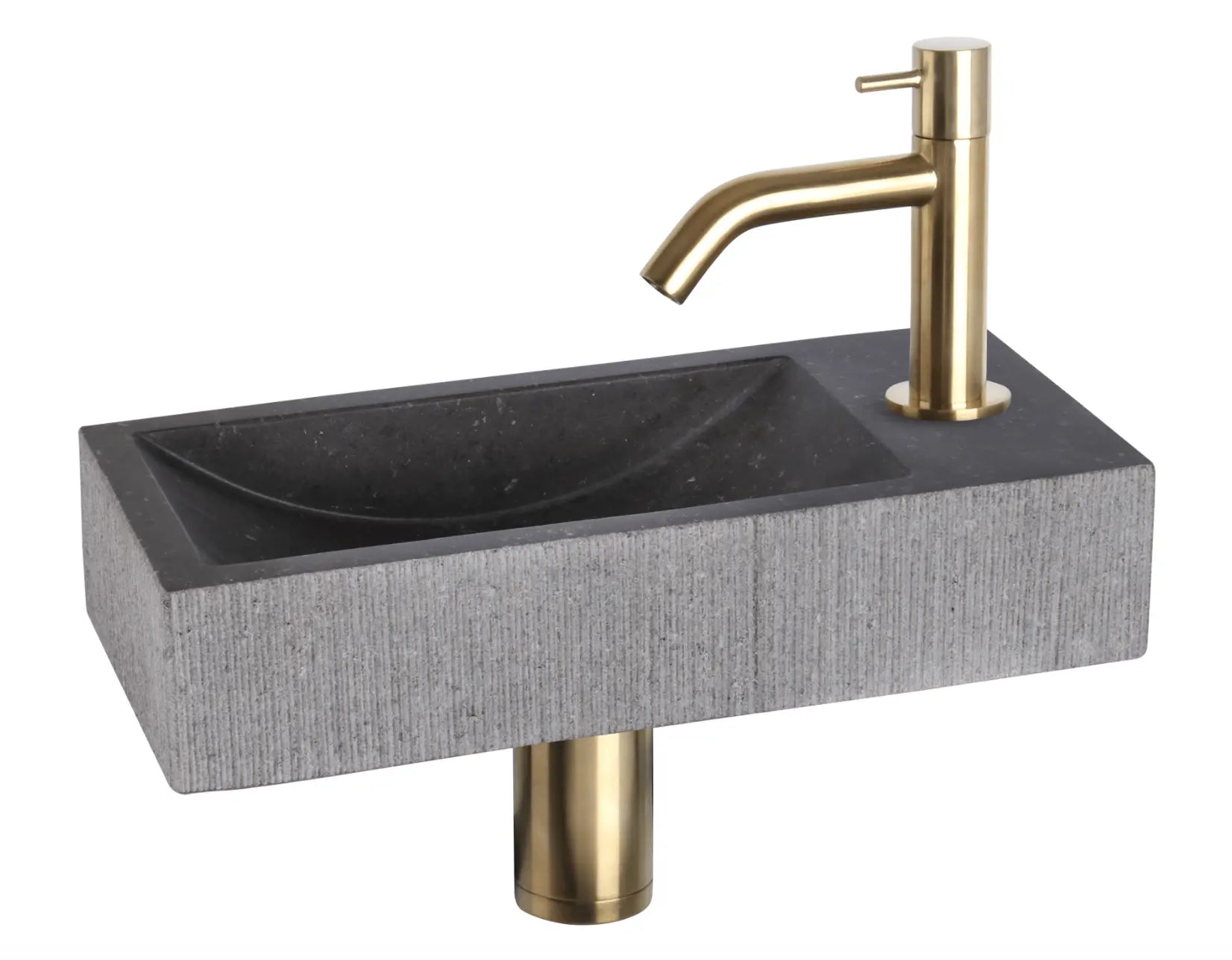 Sanisupreme Ribble fonteinset bombai black – Natuursteen – Kraan gebogen mat goud