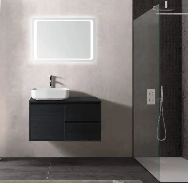 SaniSupreme® San Tropez Badmeubelset 80 cm mat zwart inclusief waskom en led spiegel