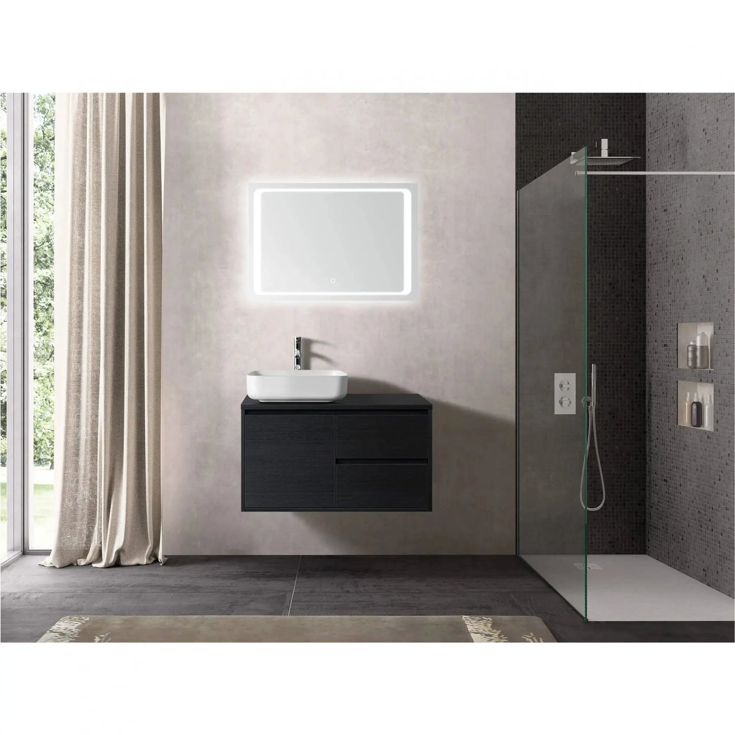 SaniSupreme® San Tropez Badmeubelset 80 cm mat zwart inclusief waskom en led spiegel