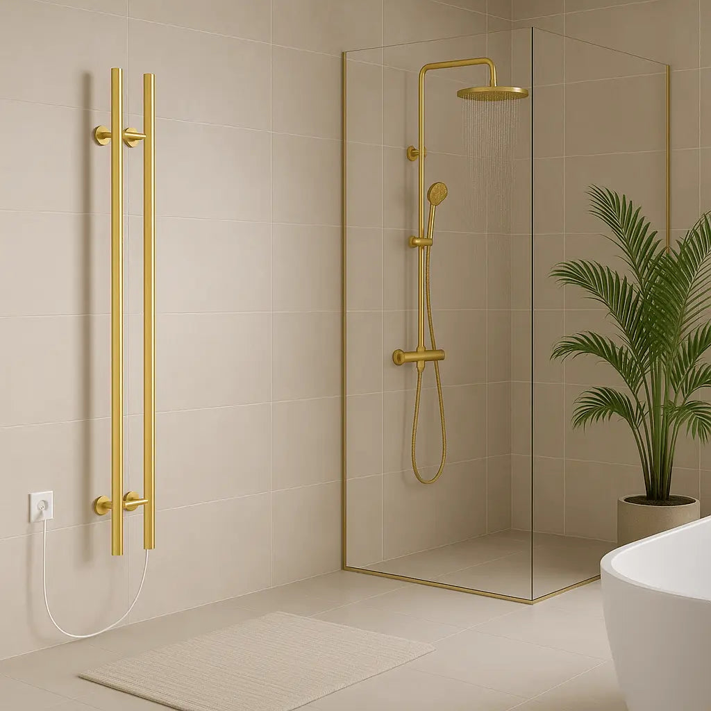 SaniSupreme SlimLine Handdoekverwarming Opbouw Badkamer Elektrische Radiator 120W - 150x16,8x12,7 met timer geborsteld goud