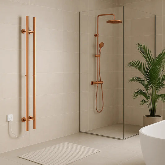 SaniSupreme SlimLine Handdoekverwarming Opbouw Badkamer Elektrische Radiator 120W - 150x16,8x12,7 met timer geborsteld koper