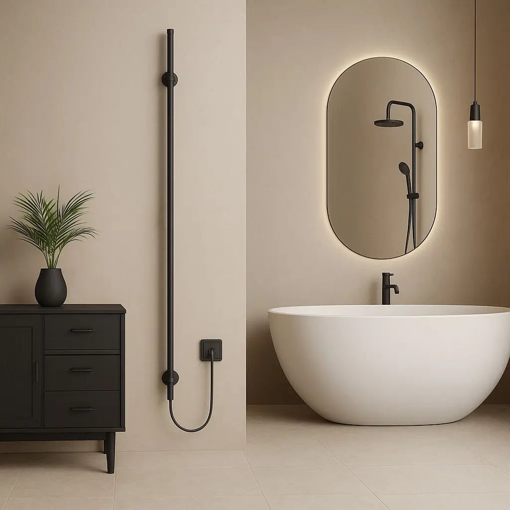 SaniSupreme SlimLine Handdoekverwarming Opbouw Badkamer Elektrische Radiator Enkel 60W - 150x6,3x12,7 met timer mat zwart