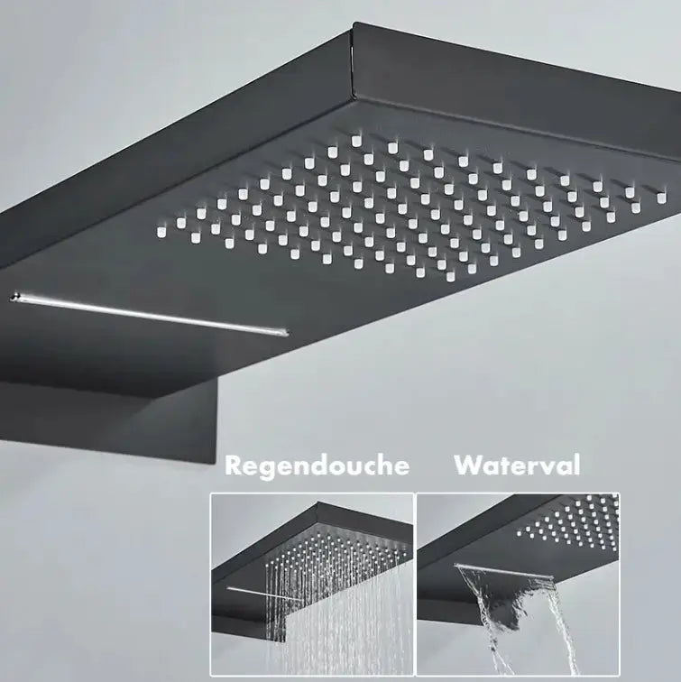 SaniSupreme® SmartPulse Plafond Losse RegenDouche Biarritz 2 weg waterval met regendoucheplateau mat zwart