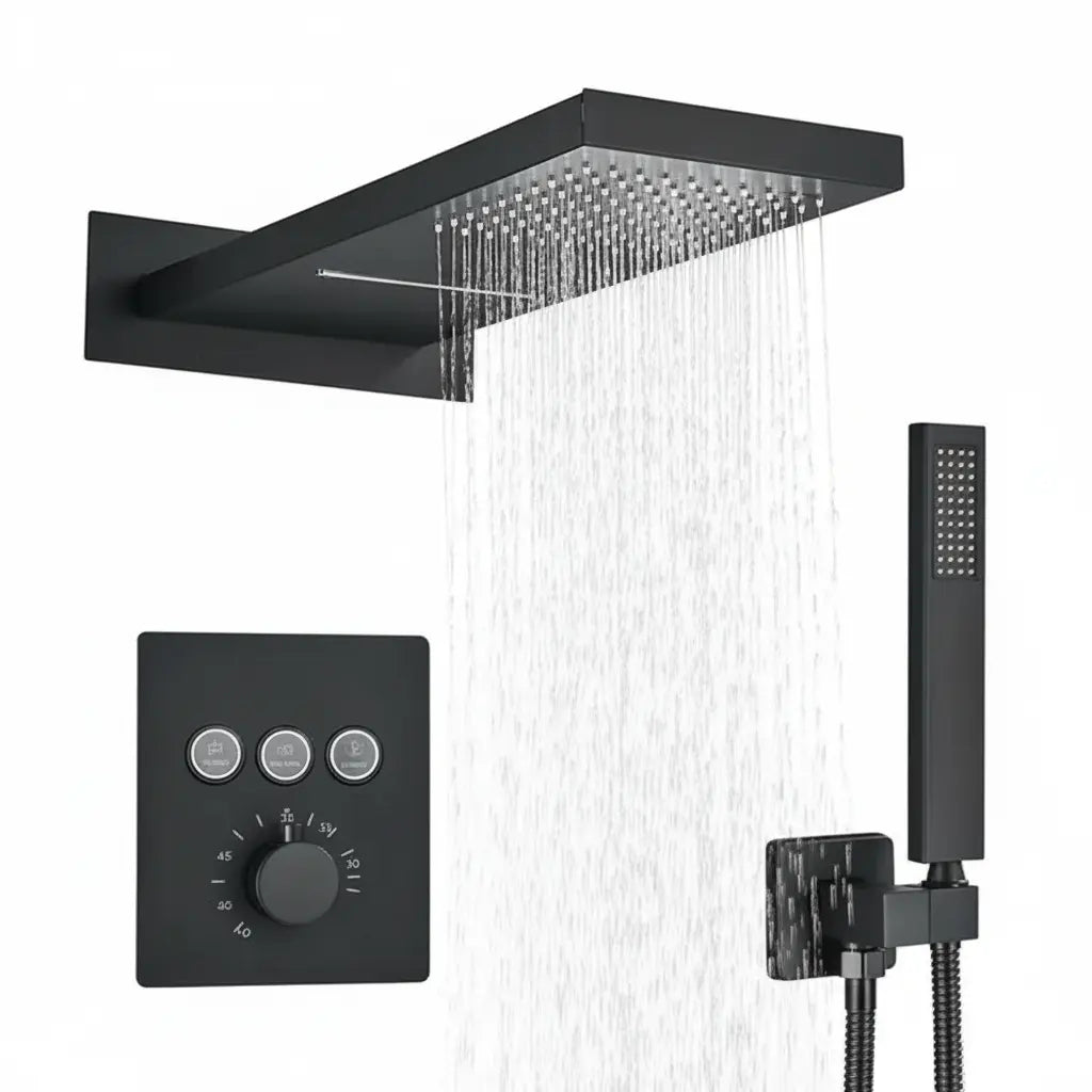 SaniSupreme® SmartPulse Wand Thermostatische Doucheset Biarritz 3 weg waterval met regendoucheplateau mat zwart Sanisupreme