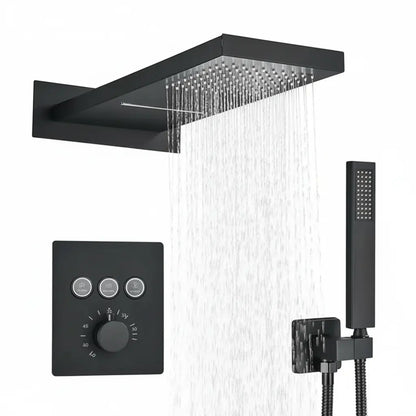 SaniSupreme® SmartPulse Wand Thermostatische Doucheset Biarritz 3 weg waterval met regendoucheplateau mat zwart Sanisupreme