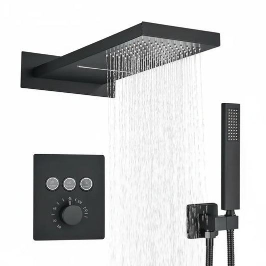 SaniSupreme® SmartPulse Wand Thermostatische Doucheset Biarritz 3 weg waterval met regendoucheplateau mat zwart Sanisupreme